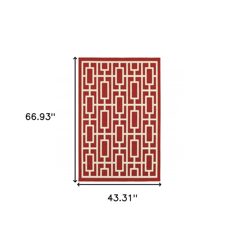 4' X 6' Red and Ivory Geometric Stain Resistant Indoor Outdoor Area Rug Homeroots Outdoor