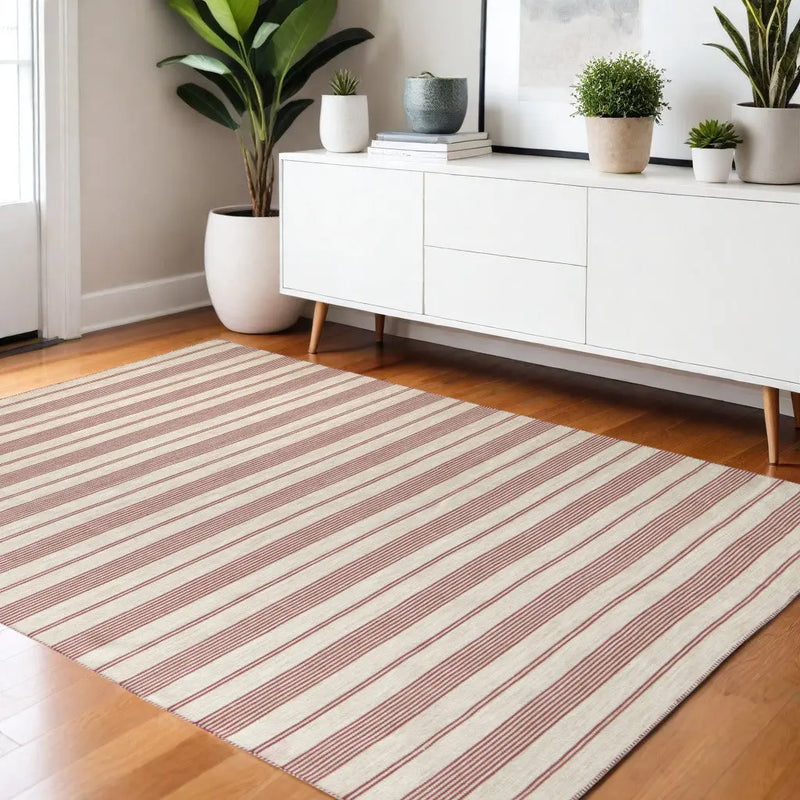 4' X 6' Red and Ivory Striped Hand Woven Area Rug Homeroots Outdoor