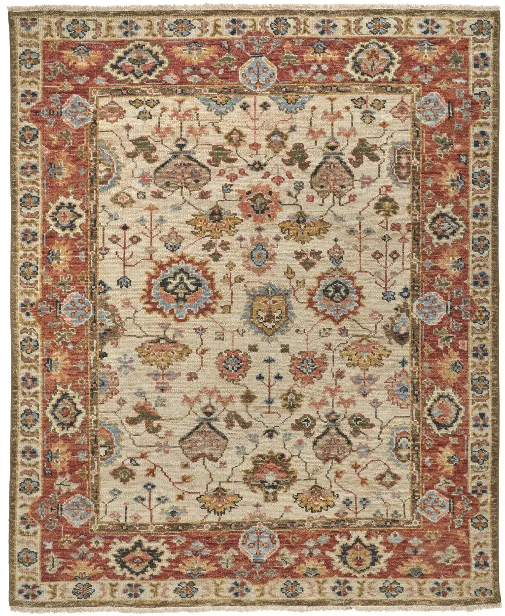 4' X 6' Red and Ivory Wool Floral Hand Knotted Area Rug Homeroots Home Decor