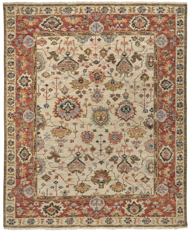 4' X 6' Red and Ivory Wool Floral Hand Knotted Area Rug Homeroots Home Decor