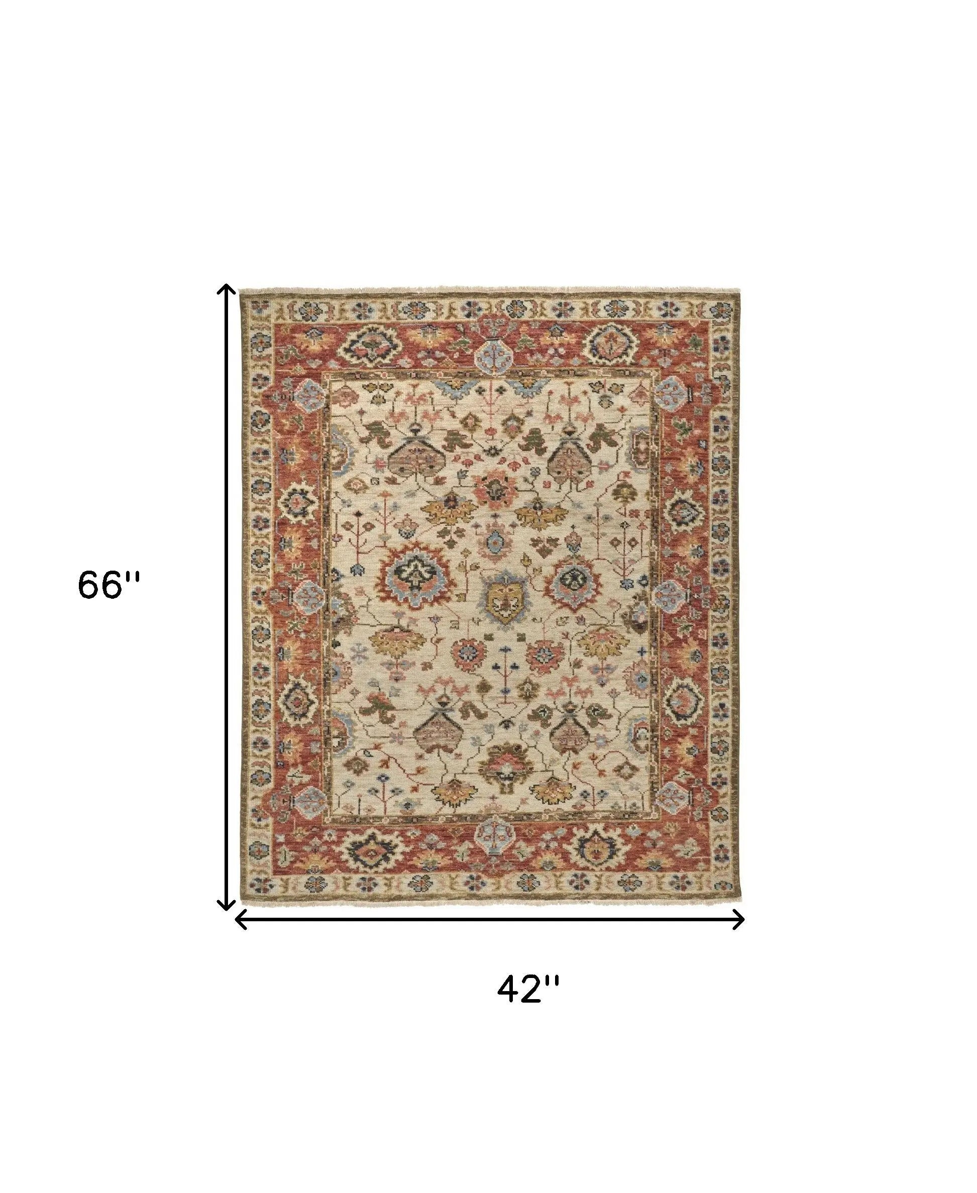 4' X 6' Red and Ivory Wool Floral Hand Knotted Area Rug Homeroots Home Decor