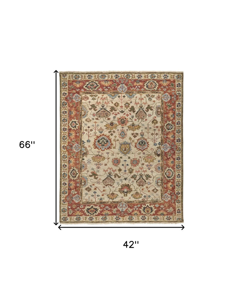 4' X 6' Red and Ivory Wool Floral Hand Knotted Area Rug Homeroots Home Decor