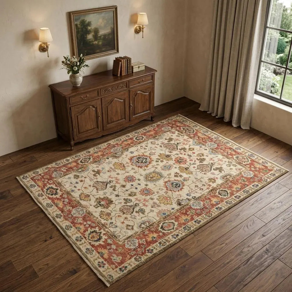 4' X 6' Red and Ivory Wool Floral Hand Knotted Area Rug Homeroots Home Decor