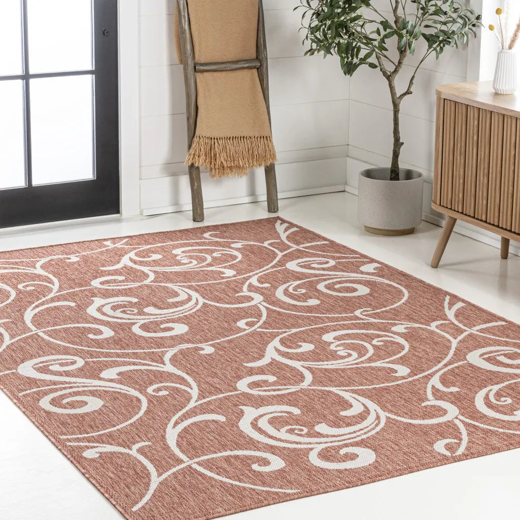 4' X 6' Salmon And Cream Floral Indoor Outdoor Area Rug - GreatEagleInc