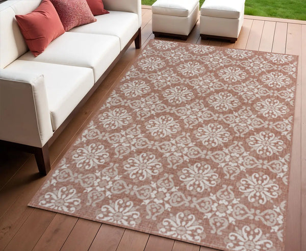4' X 6' Salmon And Cream Floral Indoor Outdoor Area Rug Homeroots Outdoor