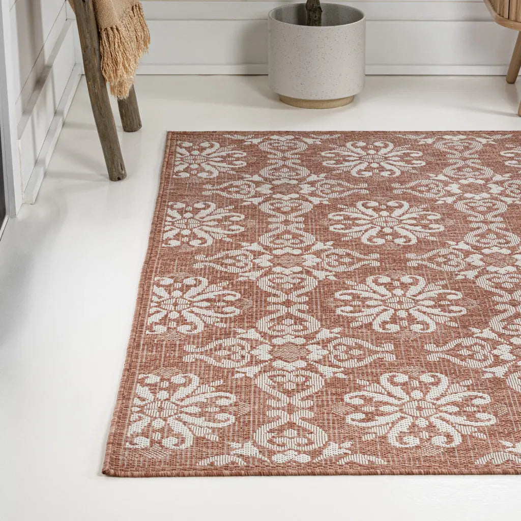 4' X 6' Salmon And Cream Floral Indoor Outdoor Area Rug Homeroots Outdoor