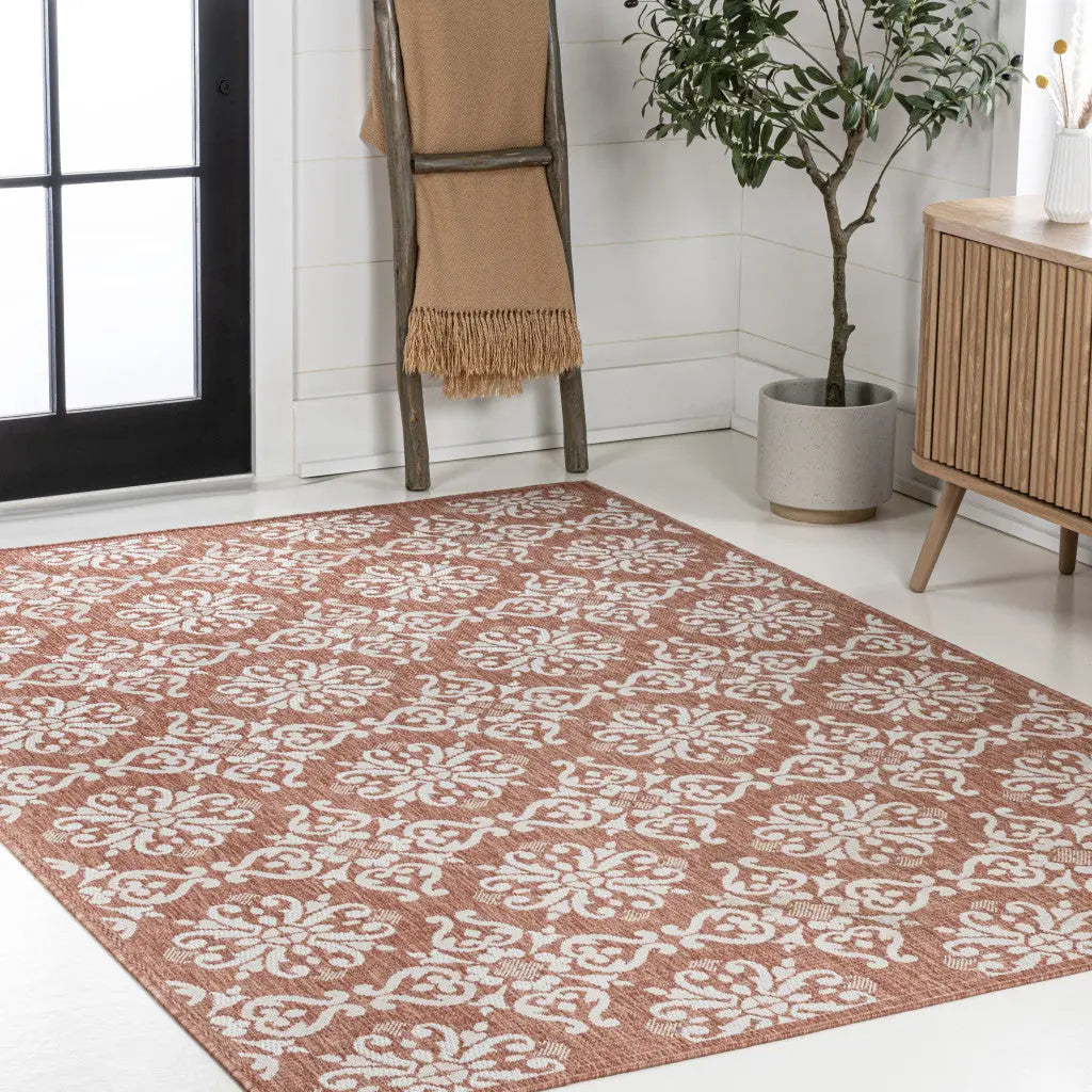 4' X 6' Salmon And Cream Floral Indoor Outdoor Area Rug Homeroots Outdoor