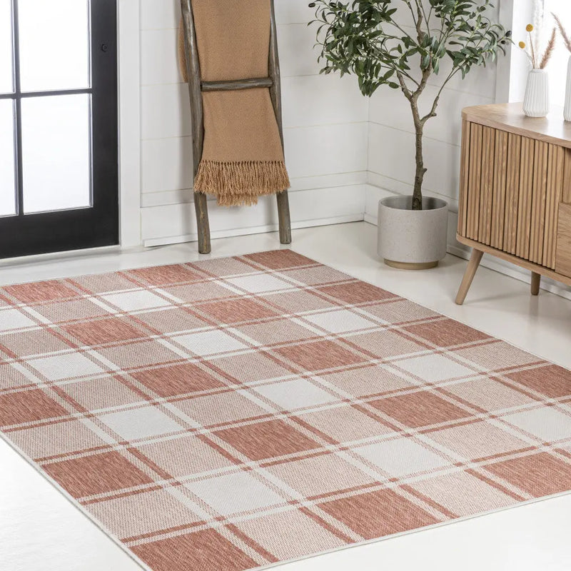 4' X 6' Salmon And Cream Gingham Indoor Outdoor Area Rug Homeroots Outdoor