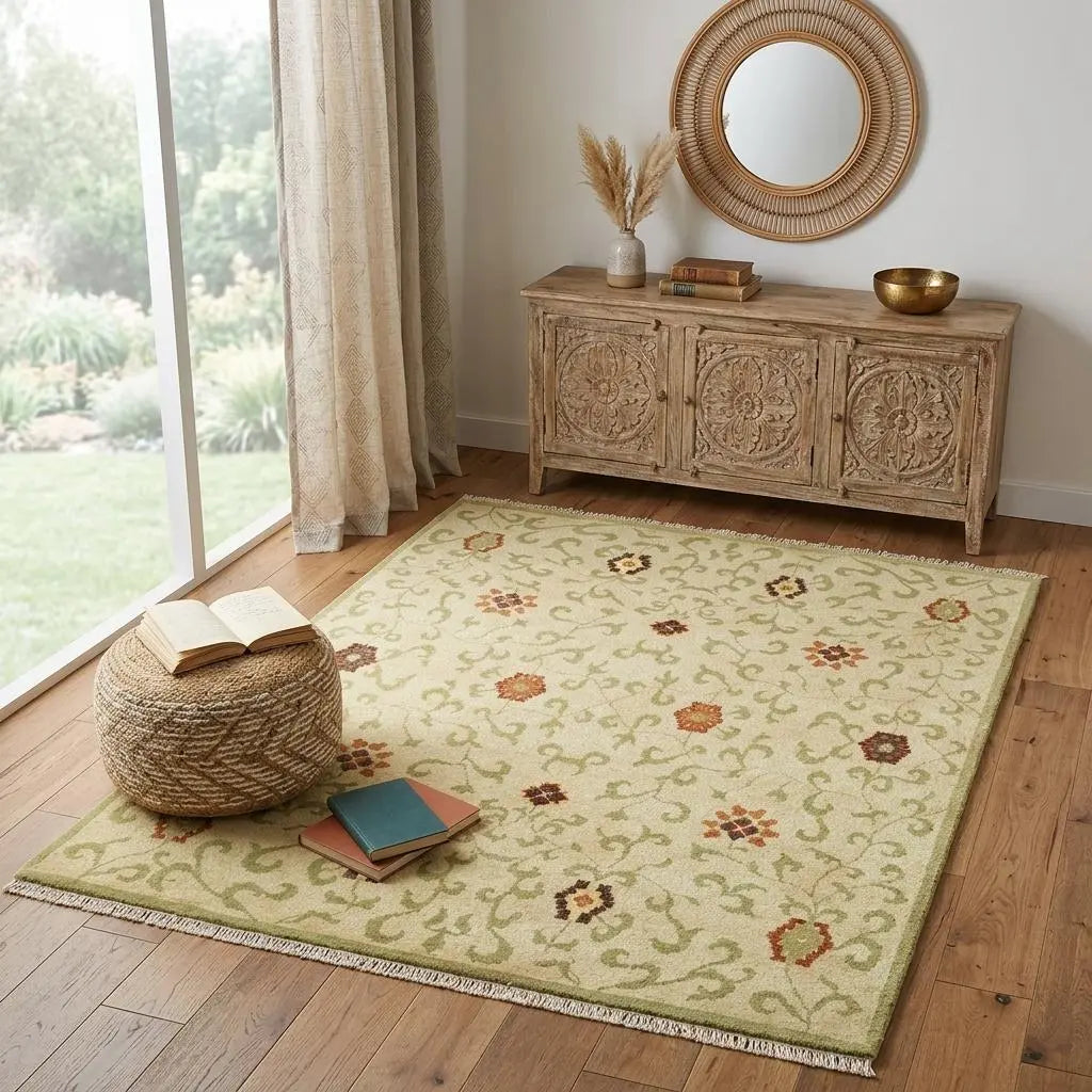 4' X 6' Tan Green And Orange Wool Floral Hand Knotted Area Rug With Fringe Homeroots Home Decor