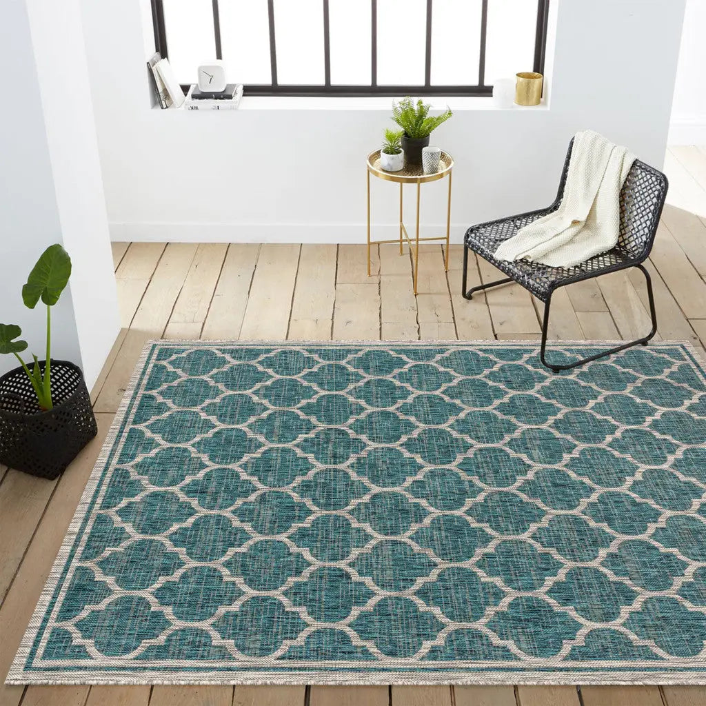 4' X 6' Teal Blue And Gray Geometric Indoor Outdoor Area Rug Homeroots Outdoor
