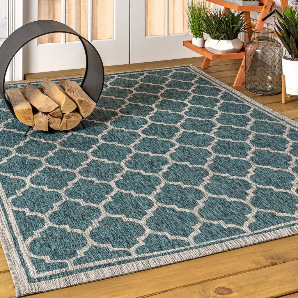 4' X 6' Teal Blue And Gray Geometric Indoor Outdoor Area Rug Homeroots Outdoor