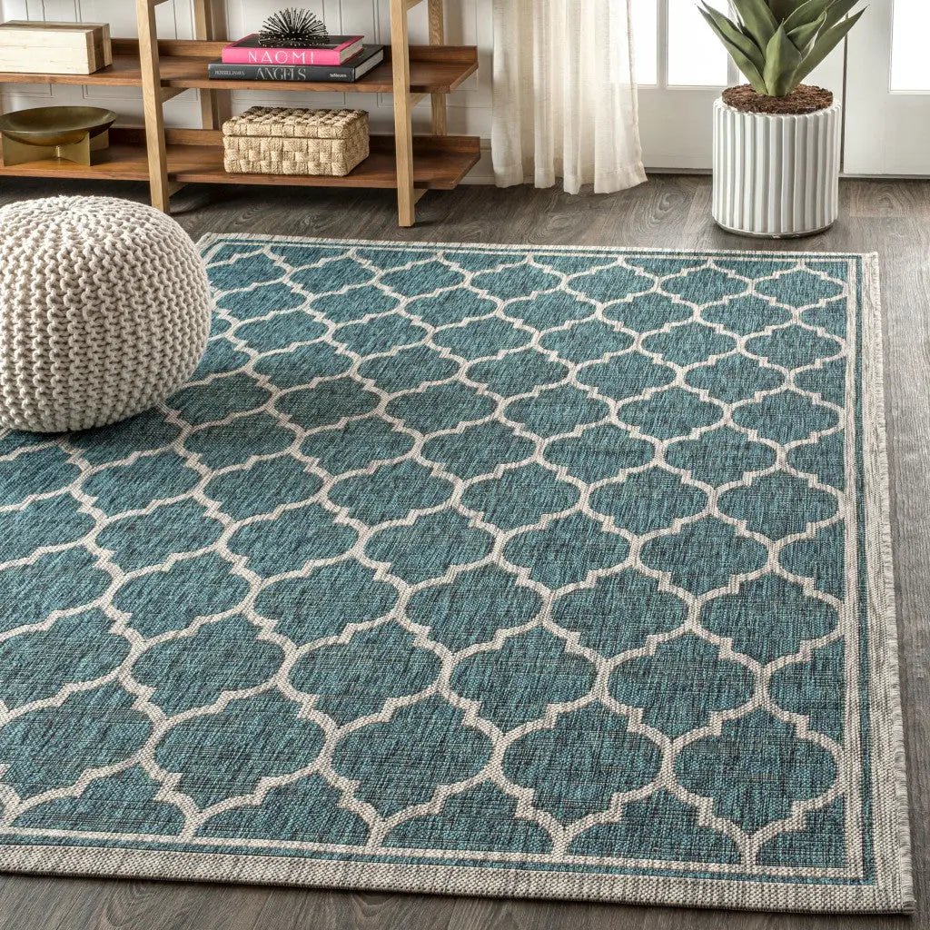 4' X 6' Teal Blue And Gray Geometric Indoor Outdoor Area Rug Homeroots Outdoor