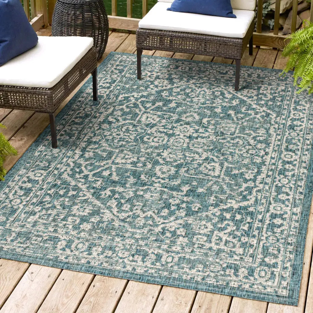 4' X 6' Teal Blue And Gray Medallion Indoor Outdoor Area Rug Homeroots Outdoor
