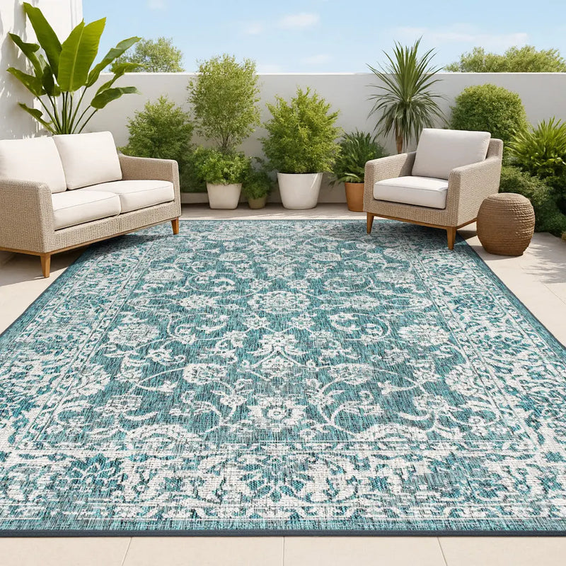 4' X 6' Teal Blue And Gray Medallion Indoor Outdoor Area Rug Homeroots Outdoor