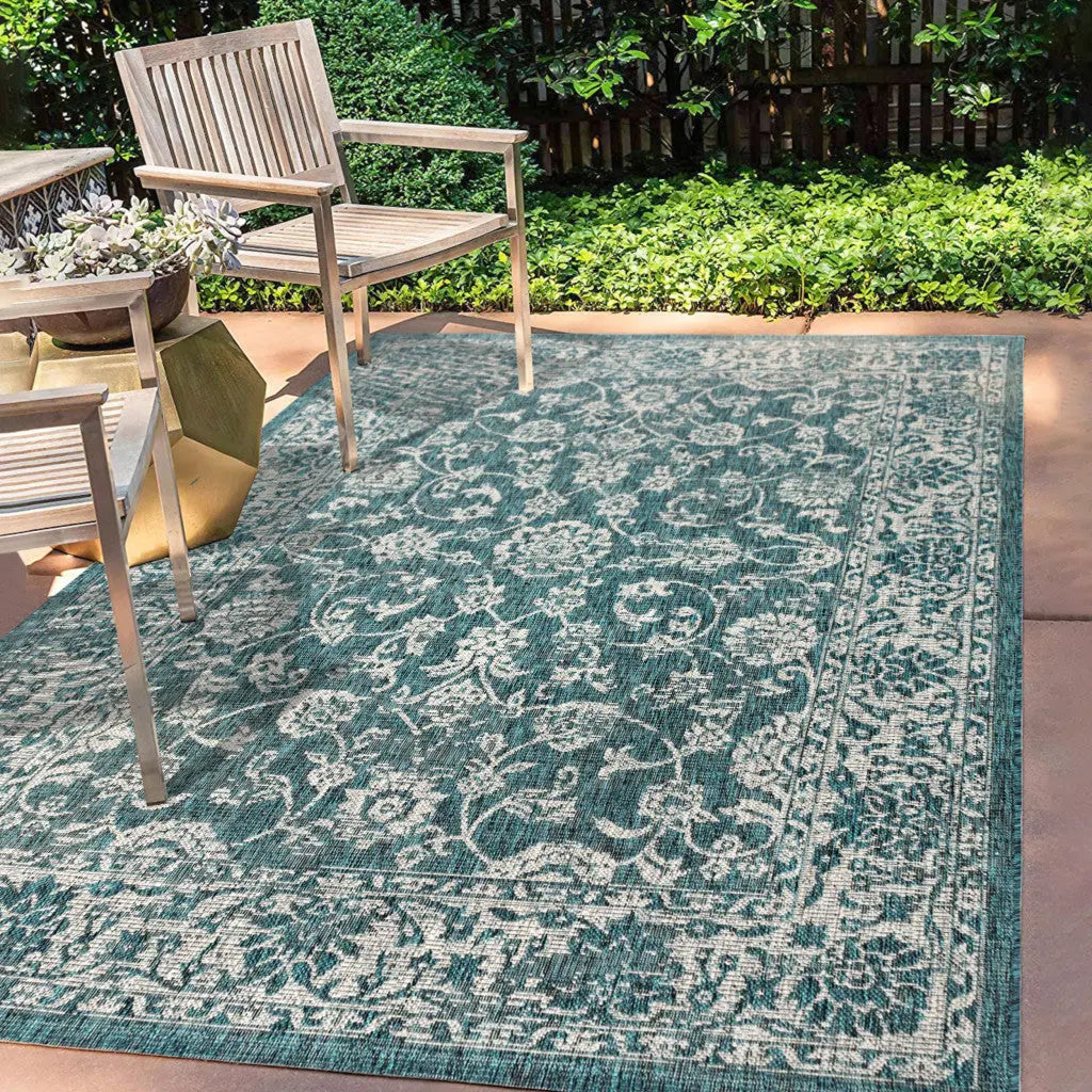 4' X 6' Teal Blue And Gray Medallion Indoor Outdoor Area Rug Homeroots Outdoor