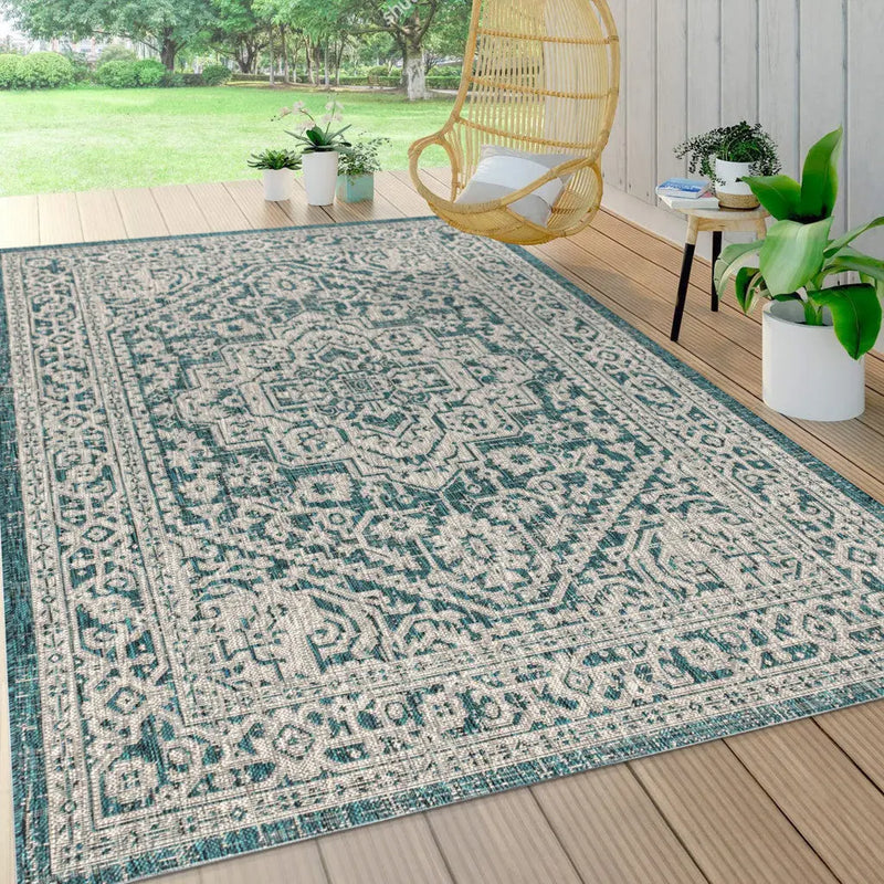 4' X 6' Teal Blue And Gray Medallion Indoor Outdoor Area Rug Homeroots Outdoor