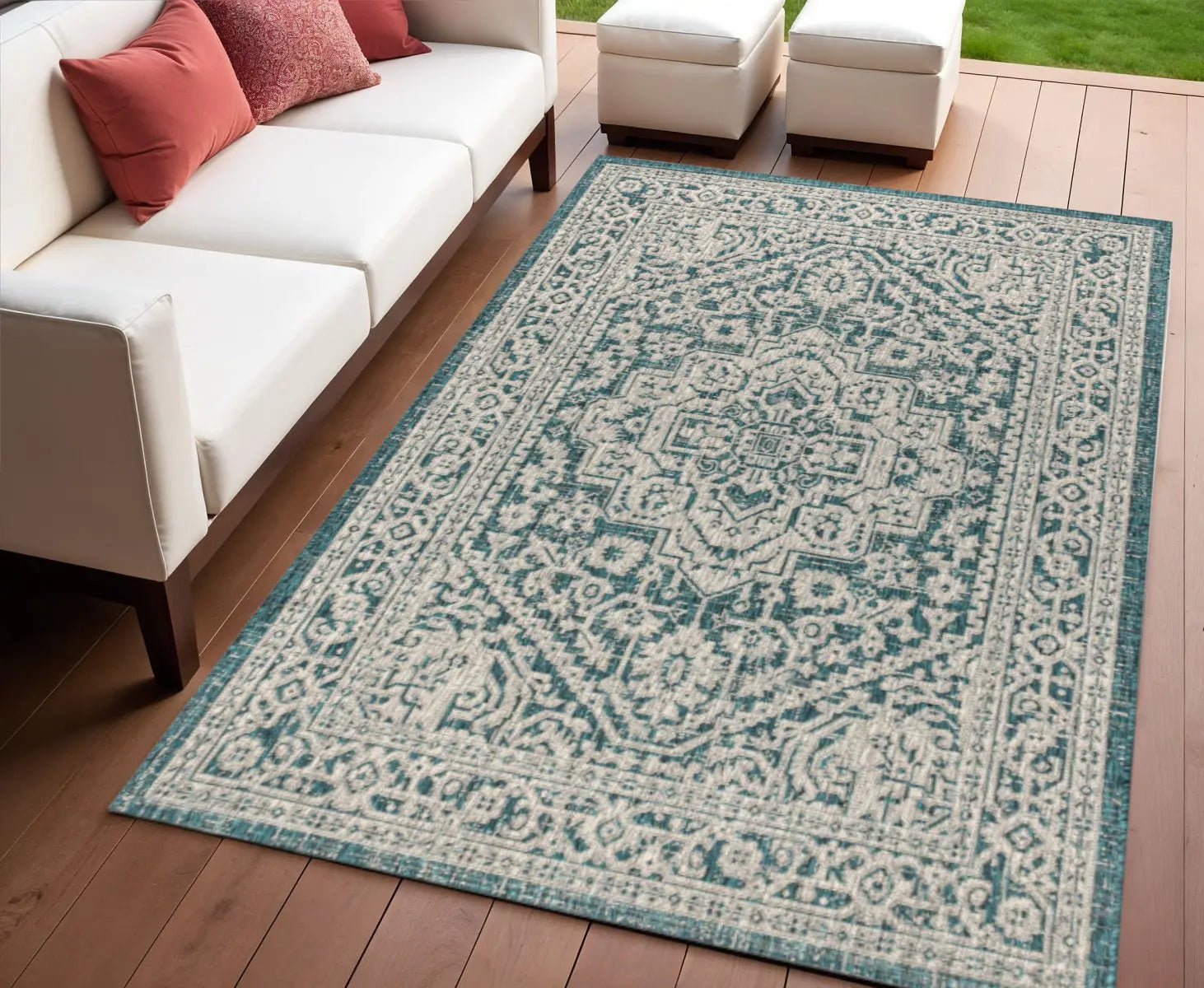 4' X 6' Teal Blue And Gray Medallion Indoor Outdoor Area Rug Homeroots Outdoor