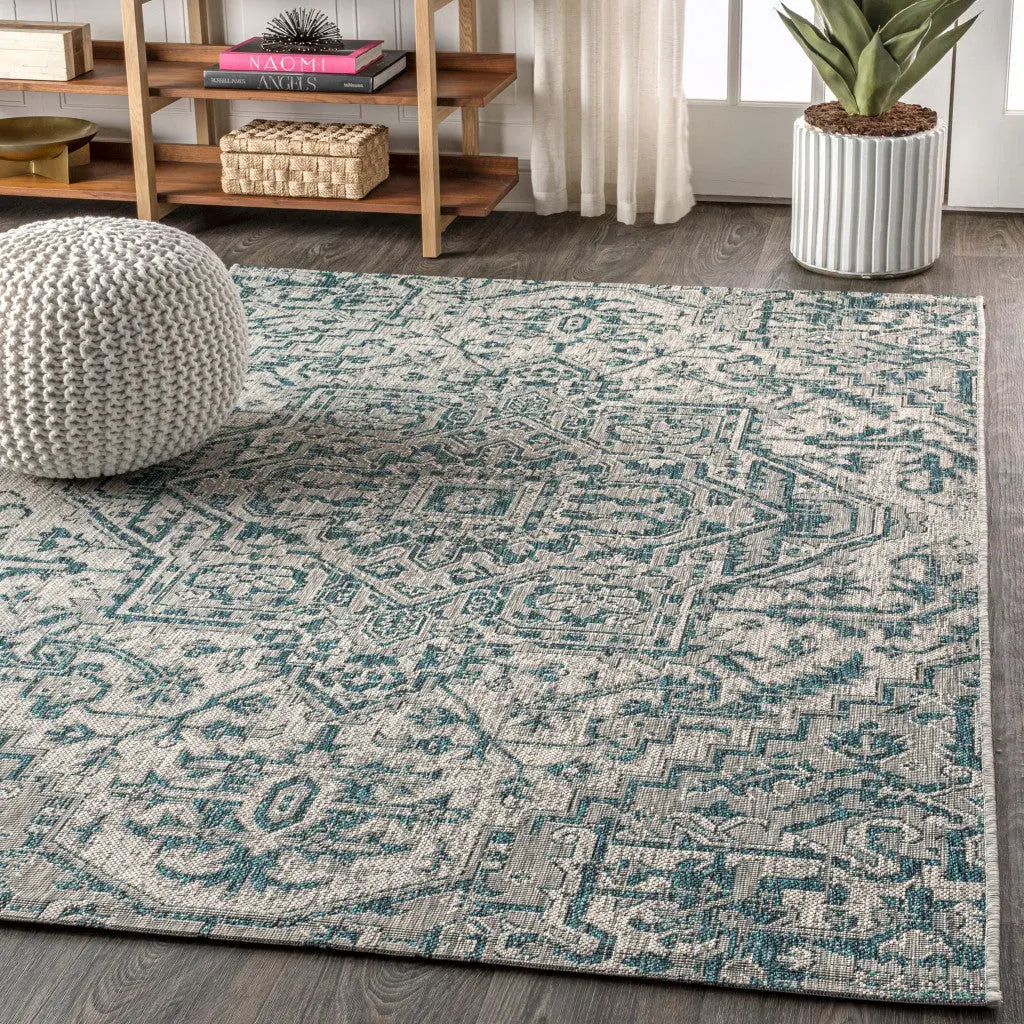 4' X 6' Teal Blue And Gray Medallion Indoor Outdoor Area Rug Homeroots Outdoor