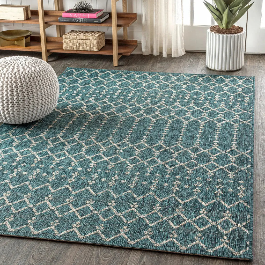 4' X 6' Teal Blue And Gray Trellis Indoor Outdoor Area Rug Homeroots Outdoor