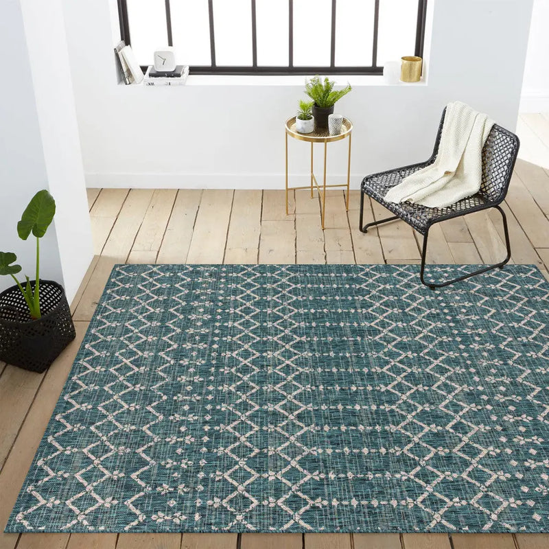 4' X 6' Teal Blue And Gray Trellis Indoor Outdoor Area Rug Homeroots Outdoor