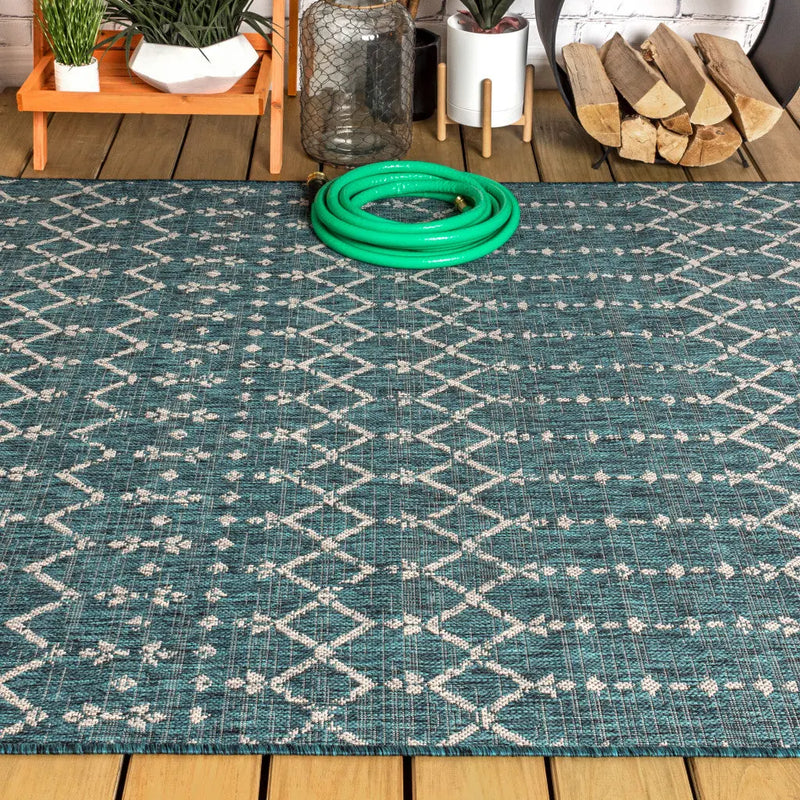 4' X 6' Teal Blue And Gray Trellis Indoor Outdoor Area Rug Homeroots Outdoor