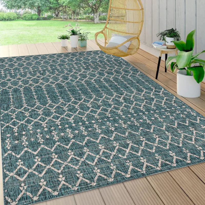 4' X 6' Teal Blue And Gray Trellis Indoor Outdoor Area Rug Homeroots Outdoor