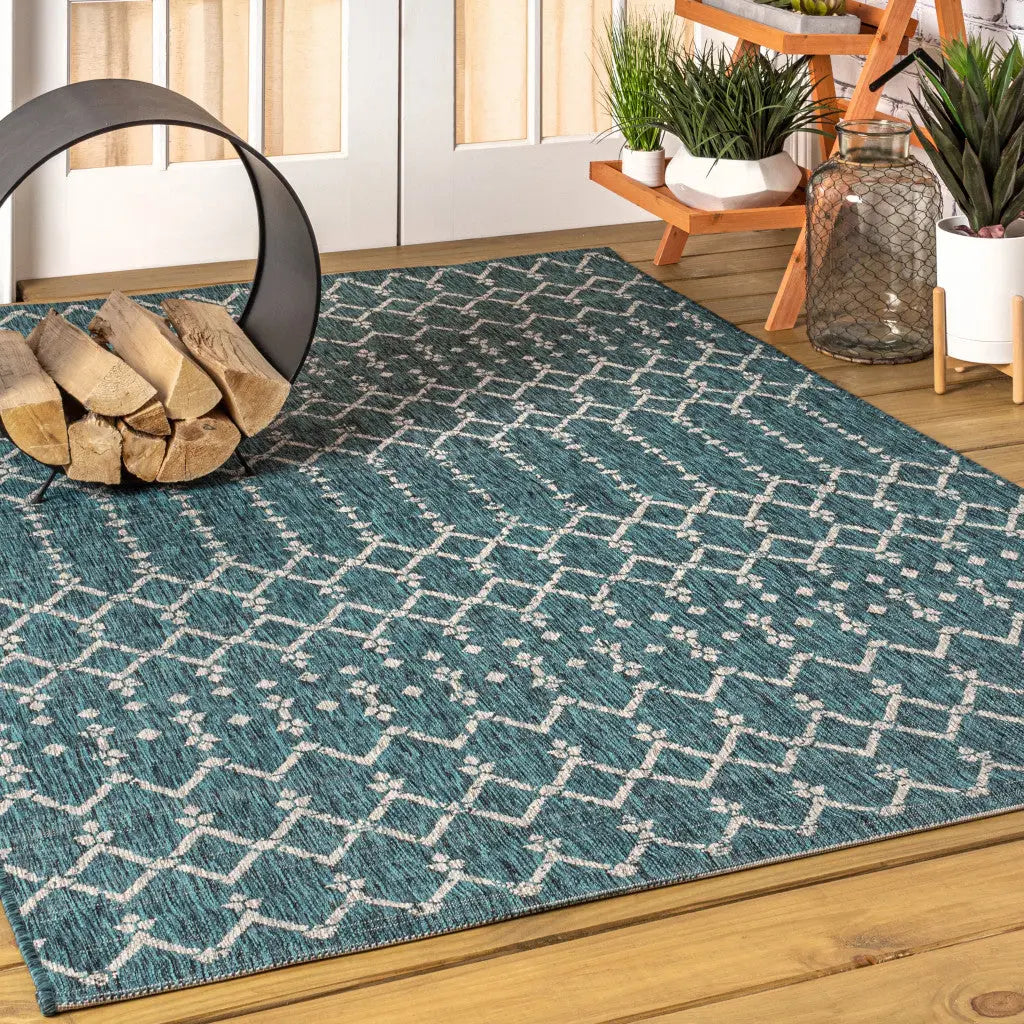 4' X 6' Teal Blue And Gray Trellis Indoor Outdoor Area Rug Homeroots Outdoor