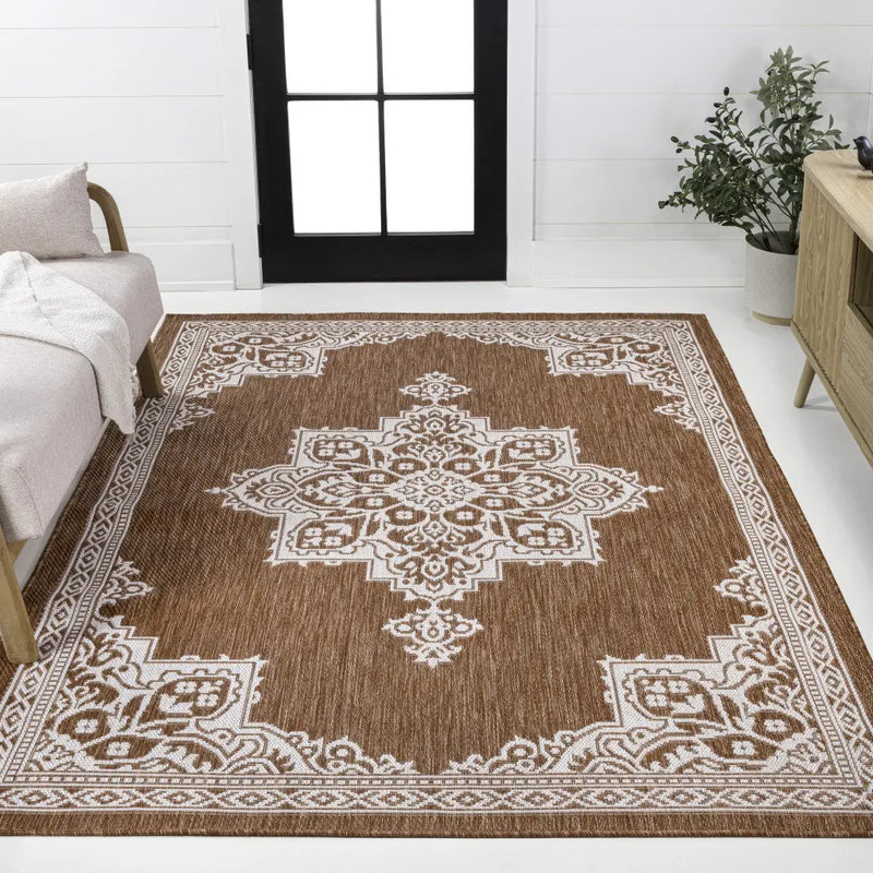 4' X 6' Terra Cotta And Cream Medallion Indoor Outdoor Area Rug Homeroots Outdoor