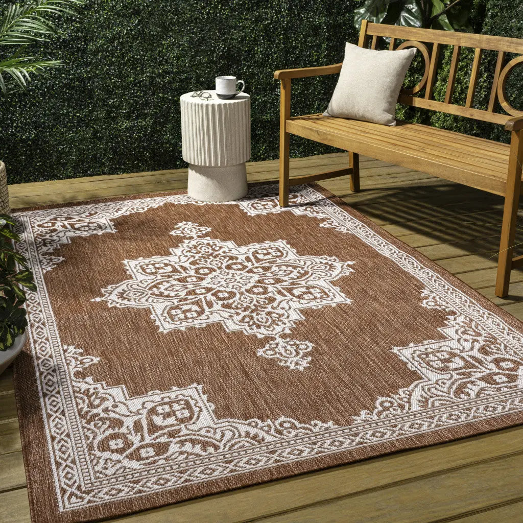 4' X 6' Terra Cotta And Cream Medallion Indoor Outdoor Area Rug Homeroots Outdoor