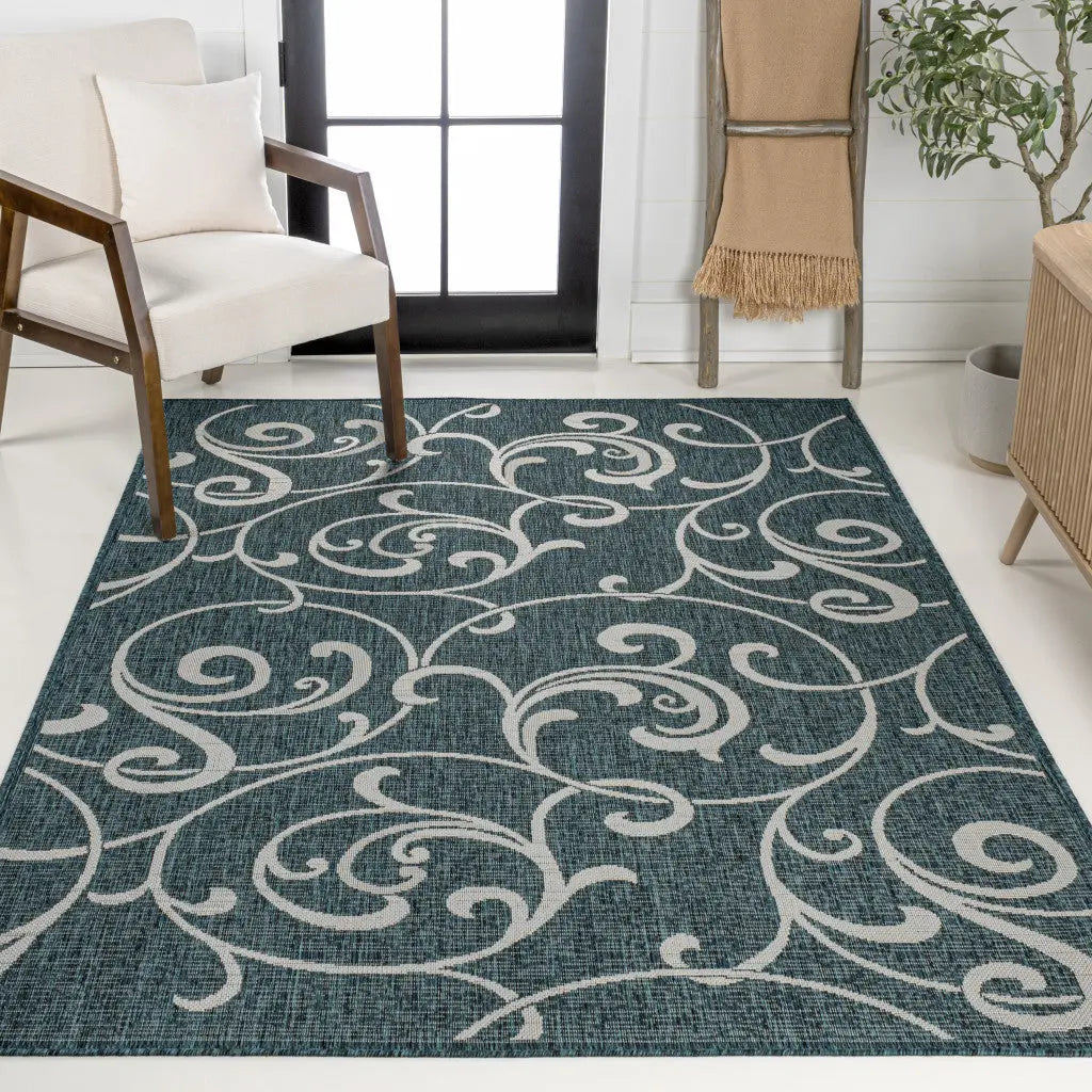4' X 6' Turquoise And Cream Floral Indoor Outdoor Area Rug Homeroots Outdoor