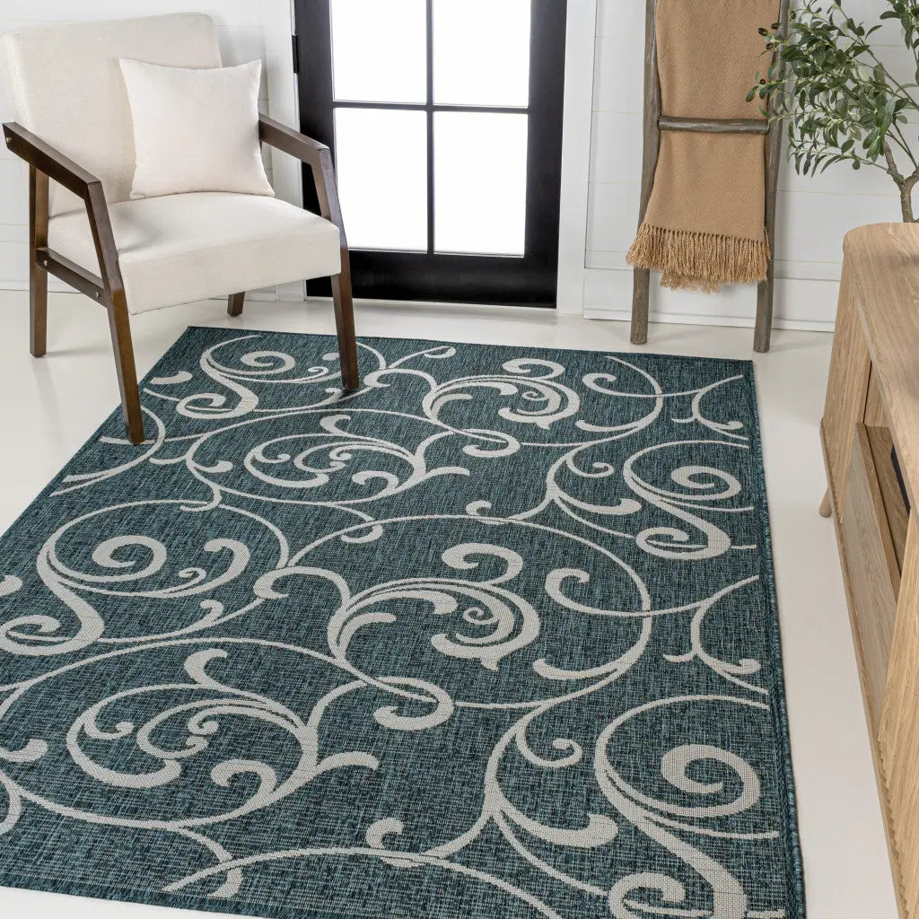 4' X 6' Turquoise And Cream Floral Indoor Outdoor Area Rug Homeroots Outdoor