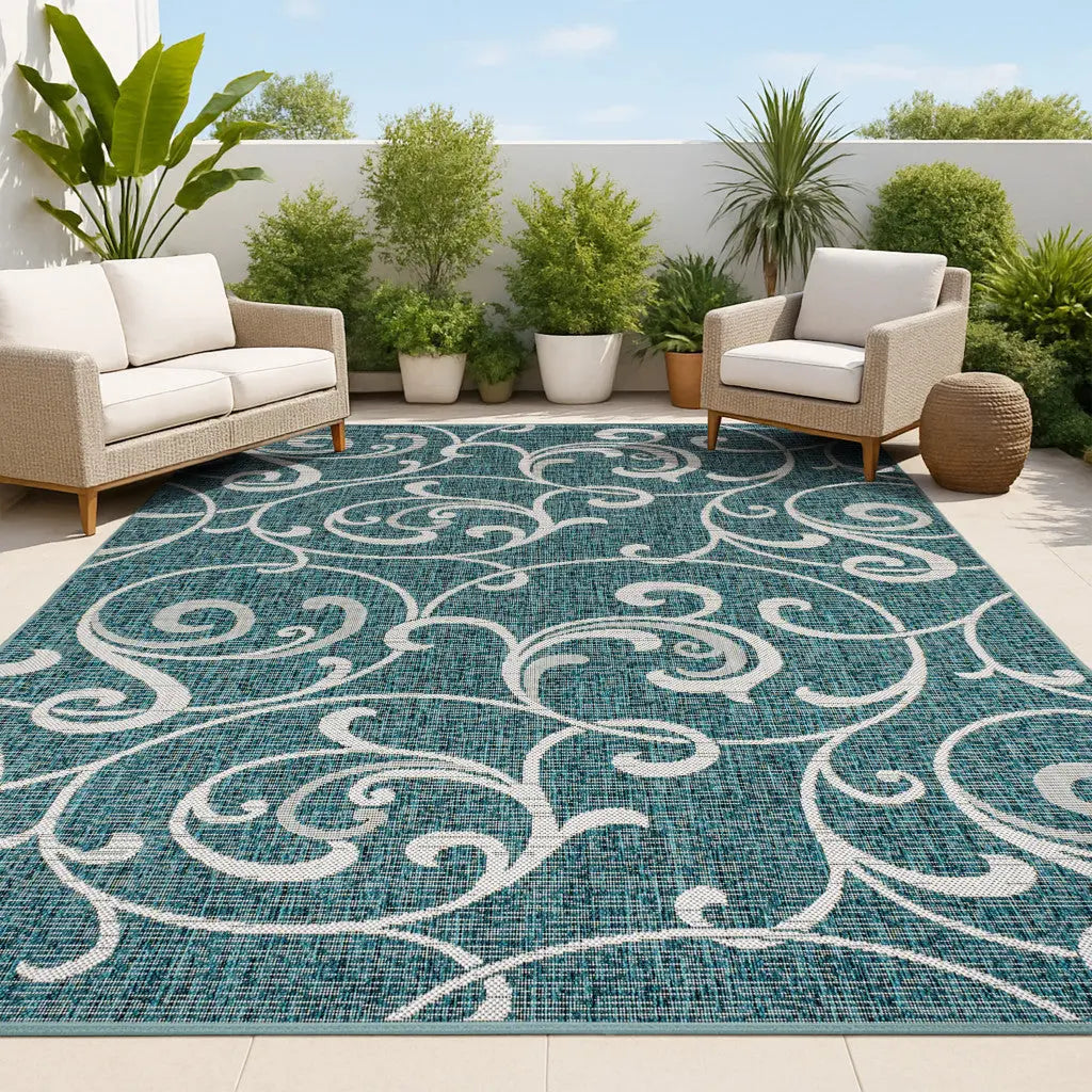 4' X 6' Turquoise And Cream Floral Indoor Outdoor Area Rug Homeroots Outdoor