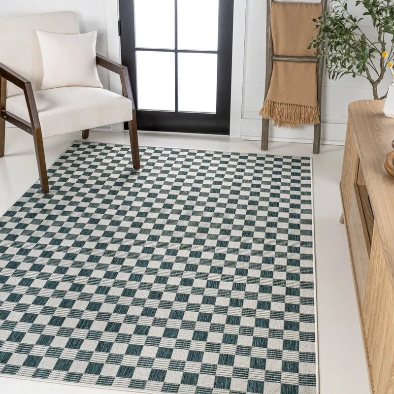 4' X 6' Turquoise And Cream Geometric Indoor Outdoor Area Rug - GreatEagleInc