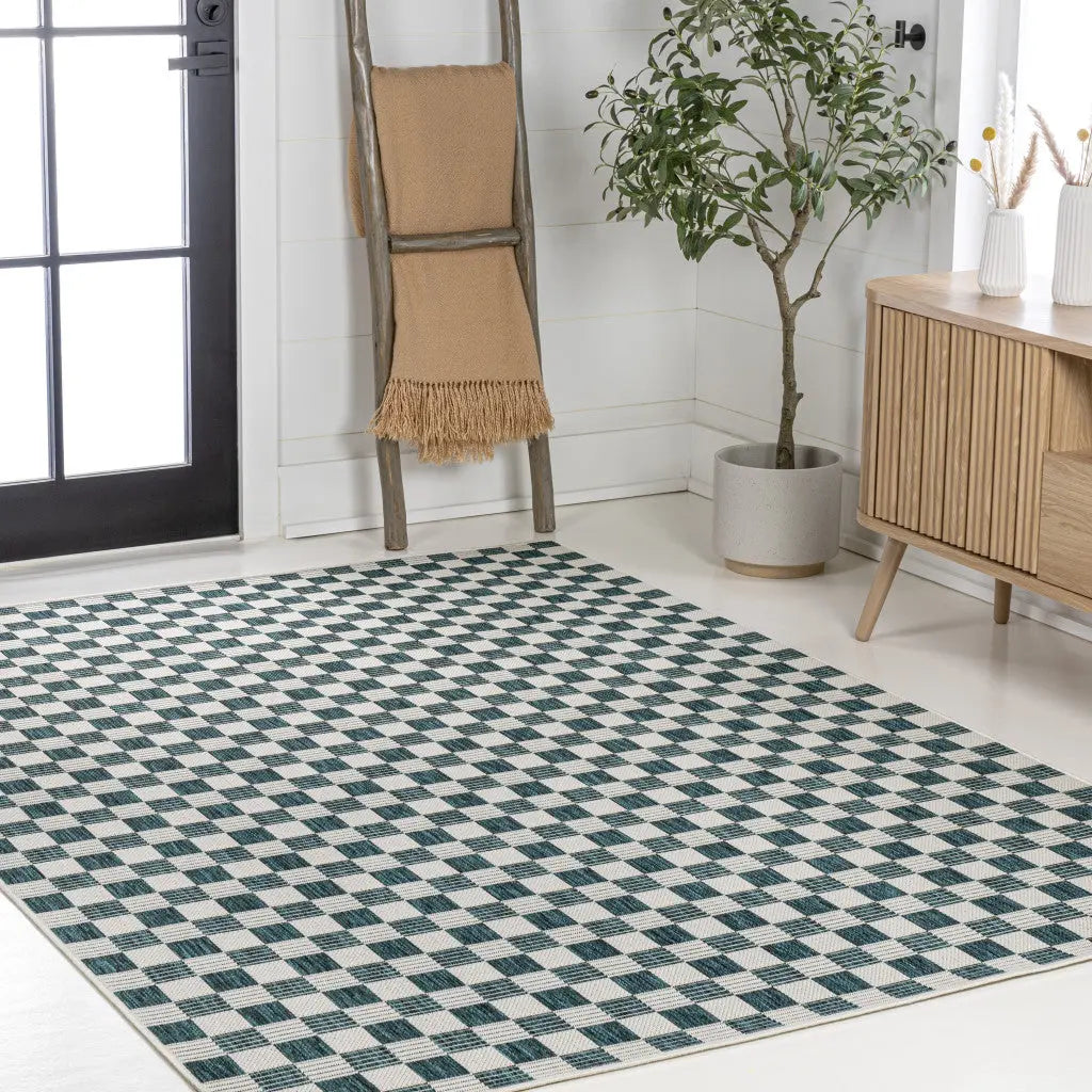 4' X 6' Turquoise And Cream Geometric Indoor Outdoor Area Rug - GreatEagleInc