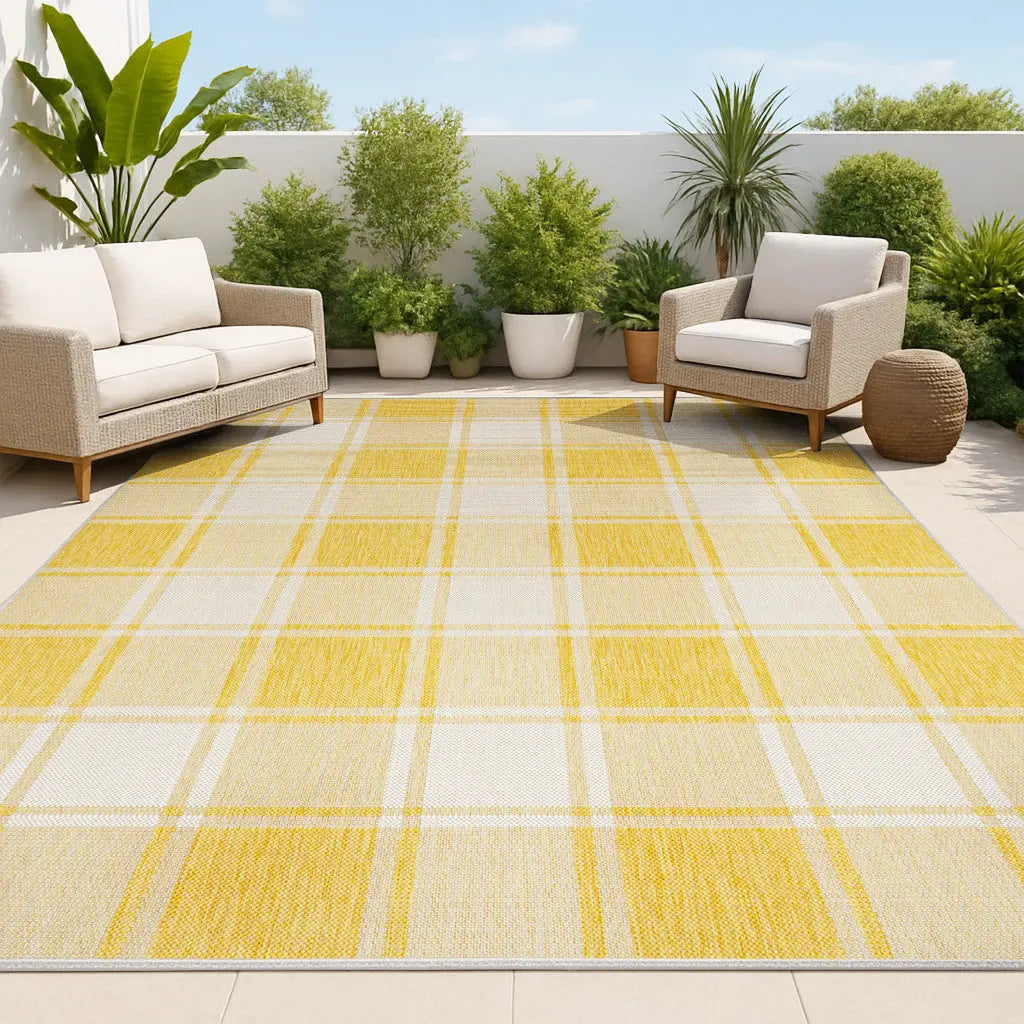 4' X 6' Yellow And Cream Gingham Indoor Outdoor Area Rug - GreatEagleInc