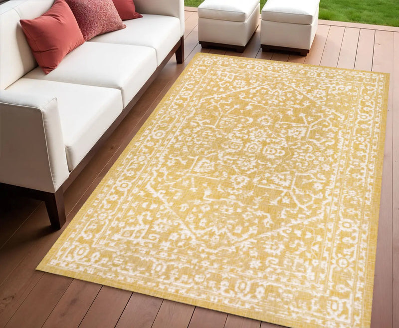 4' X 6' Yellow And Cream Medallion Indoor Outdoor Area Rug Homeroots Outdoor
