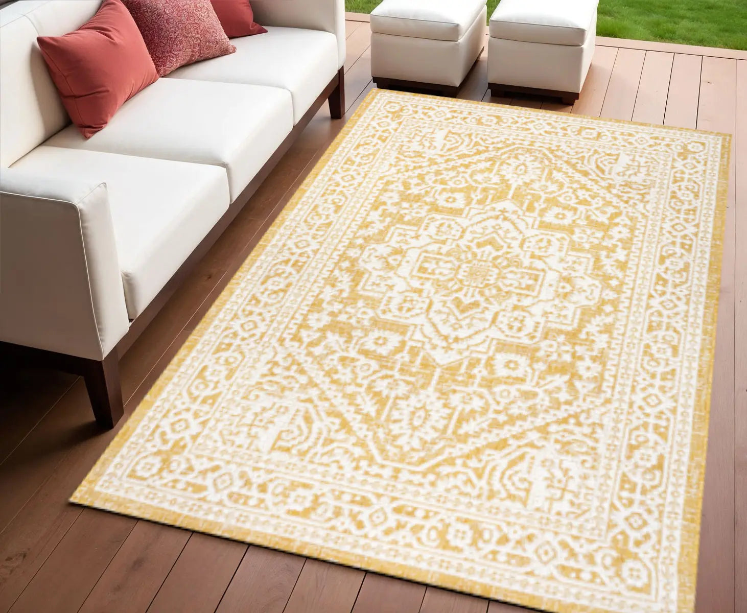 4' X 6' Yellow And Cream Medallion Indoor Outdoor Area Rug Homeroots Outdoor