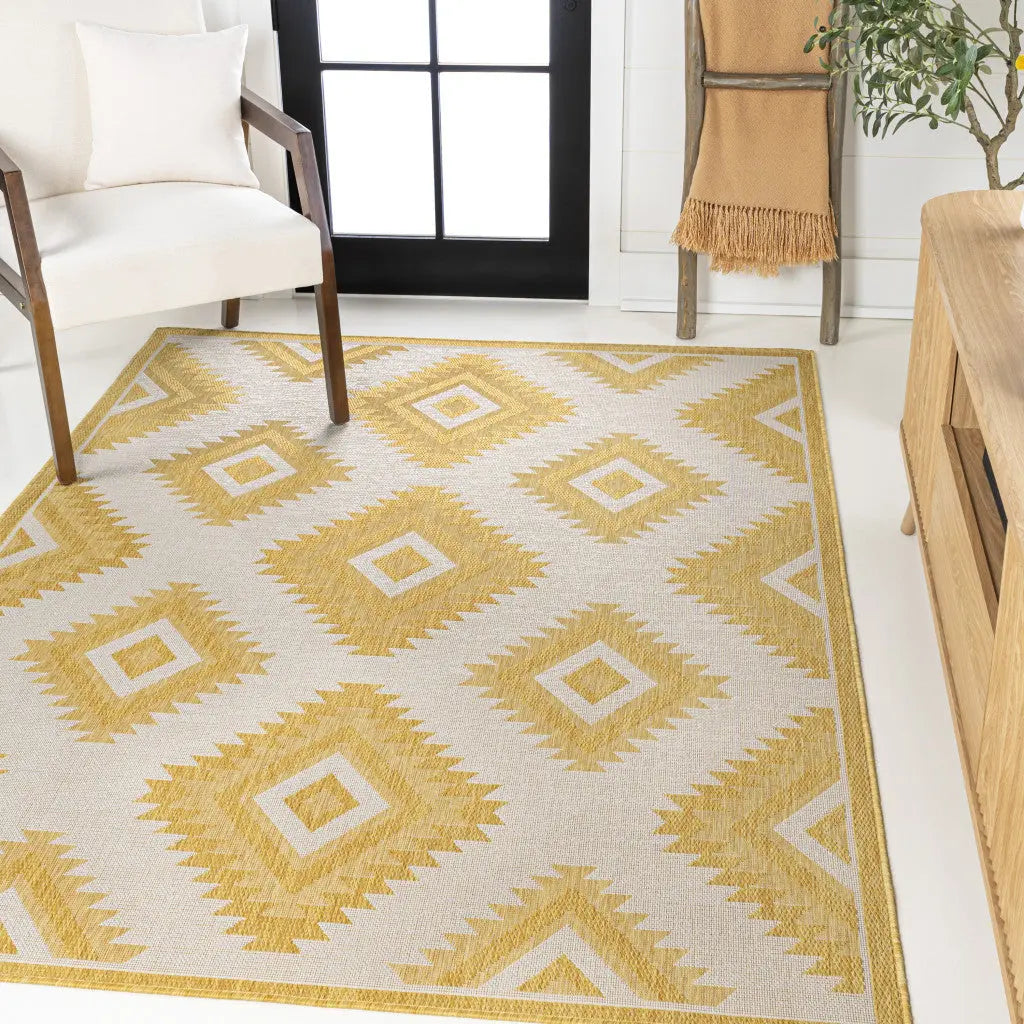 4' X 6' Yellow And Cream Moroccan Indoor Outdoor Area Rug - GreatEagleInc