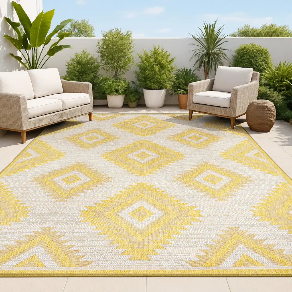 4' X 6' Yellow And Cream Moroccan Indoor Outdoor Area Rug - GreatEagleInc