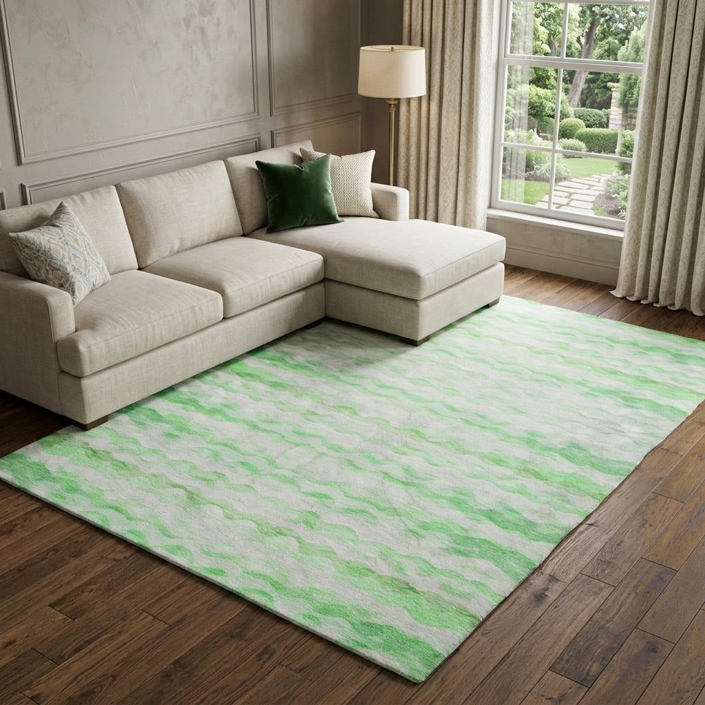 10' X 14' Green And Ivory Striped Shag Washable Area Rug With UV Protection - Home & Garden