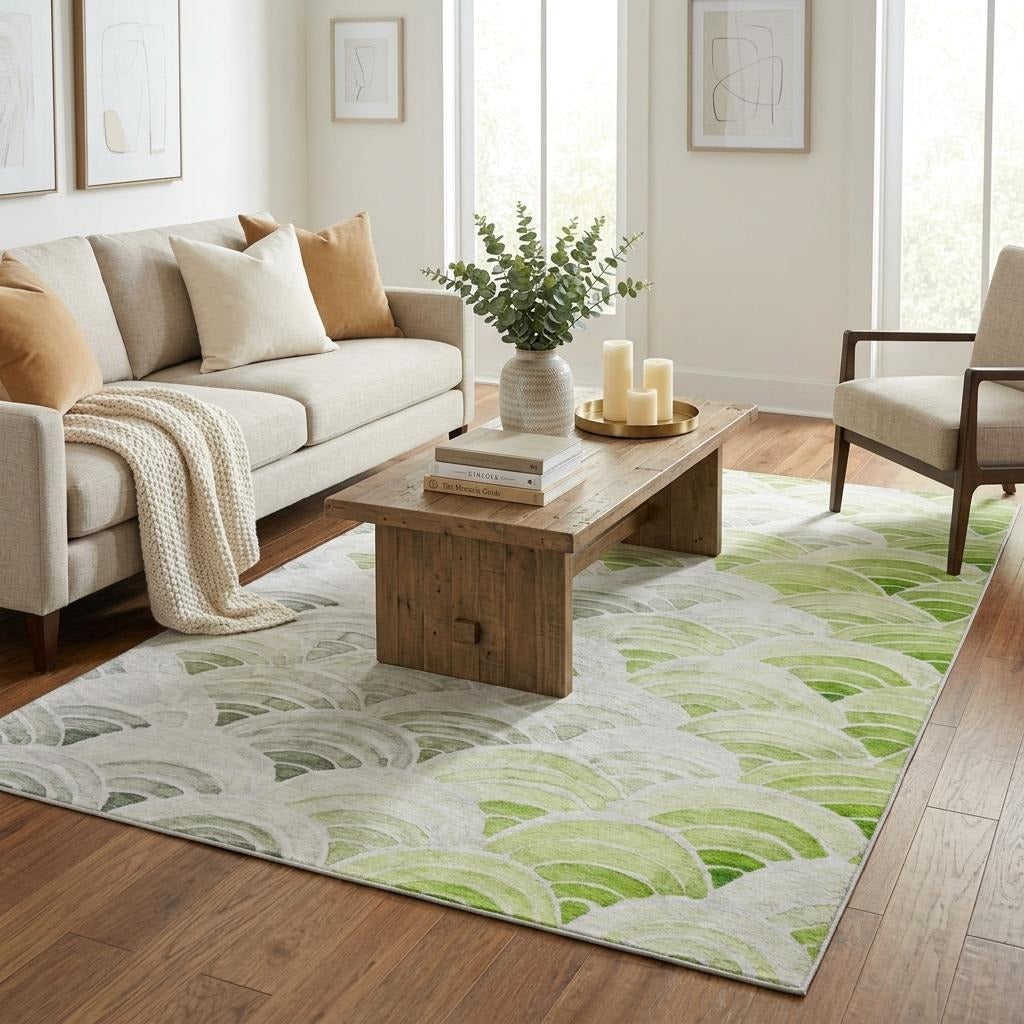 5' X 8' Green And Lime Green Geometric Shag Washable Area Rug With UV Protection - Home & Garden