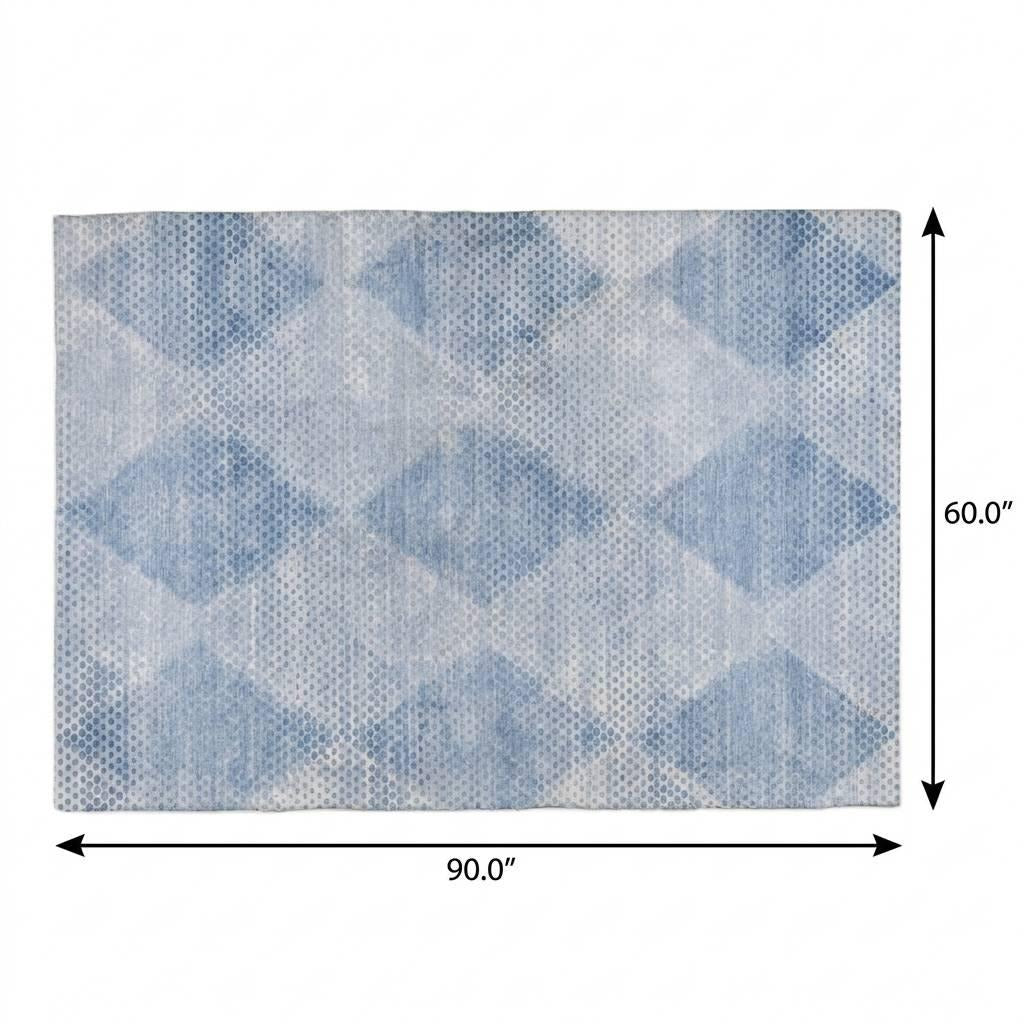 5' X 8' Blue And Denim Blue Geometric Shag Washable Area Rug With UV Protection - Home & Garden