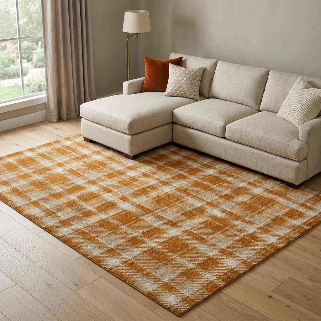 10' X 14' Orange And Taupe Plaid Shag Washable Area Rug With UV Protection - Home & Garden