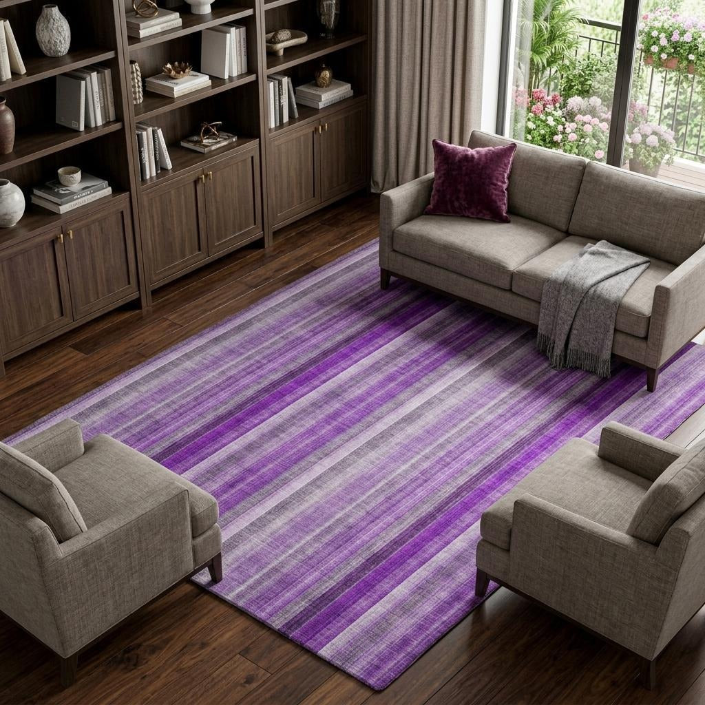 10' X 14' Purple And Gray Striped Shag Washable Area Rug With UV Protection - Home & Garden