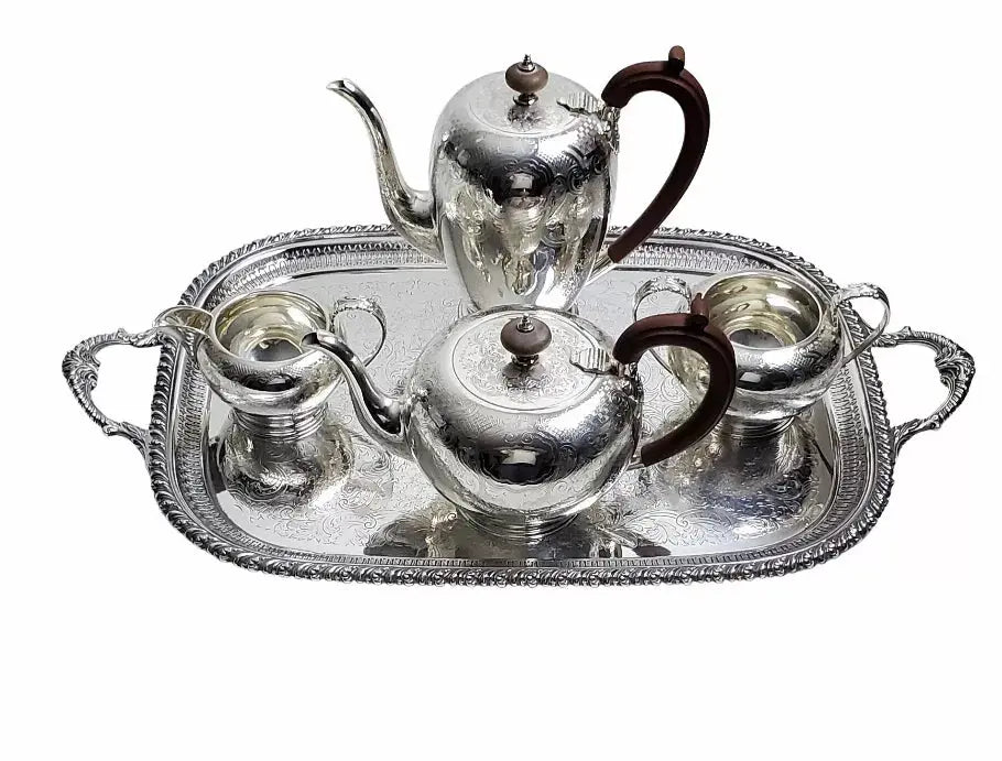 5 Piece Engraved Tea & Coffee Set With Matching Tray English Silver Plate C1900 Corbell Silver