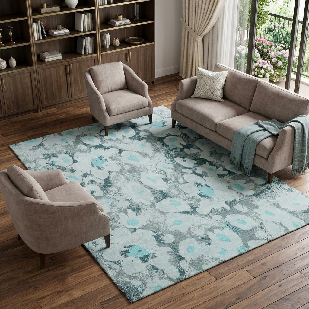 10' X 14' Teal And Gray Floral Shag Washable Area Rug With UV Protection - Home & Garden