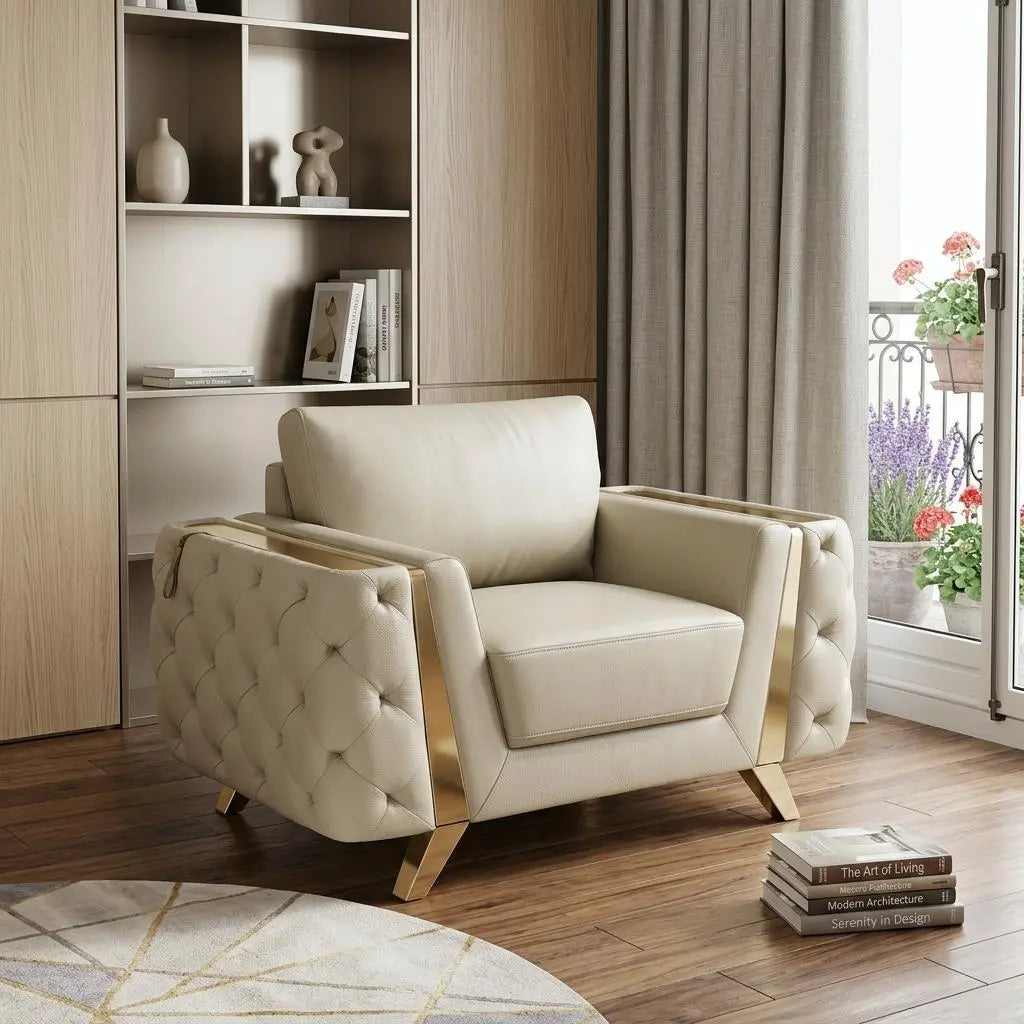 50" Beige And Gold Genuine Leather Tufted Club Chair Homeroots Living Room