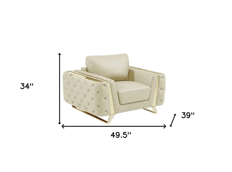 50" Beige And Gold Genuine Leather Tufted Club Chair Homeroots Living Room