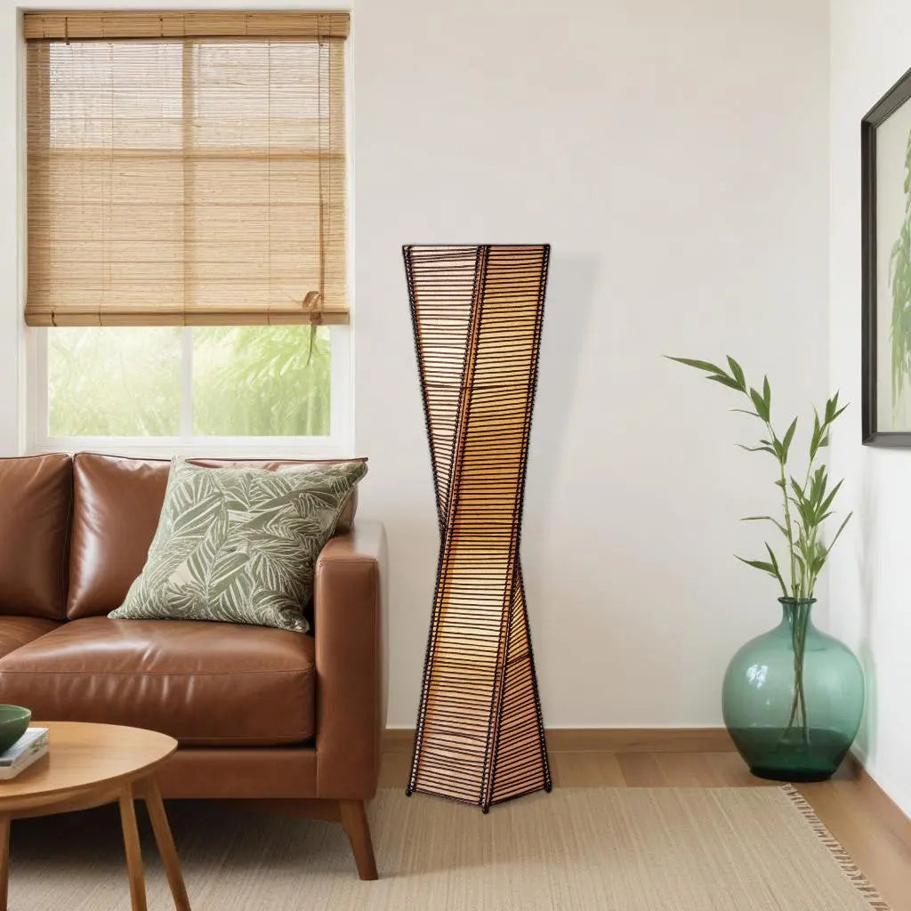 50" Black Floor Lamp With Black and Tan Twisted Cylinder Shade Homeroots Lighting