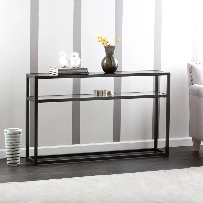 50" Black Glass Frame Console Table With Shelves Homeroots Living Room